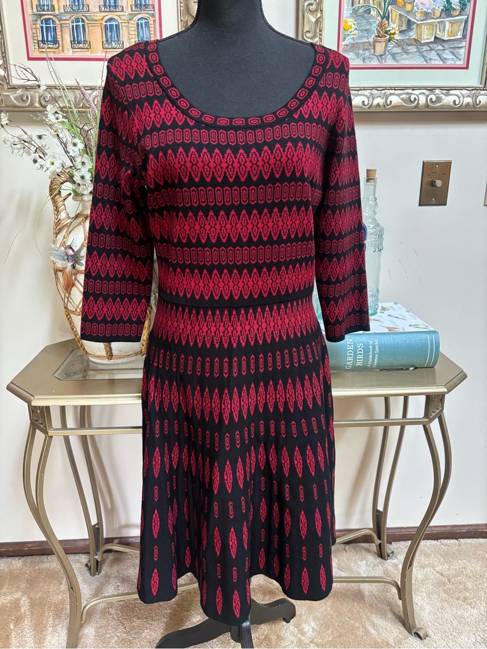 Danny & Nicole Red and Black Scoop-Neck Patterned Knit Sweater Dress Size L